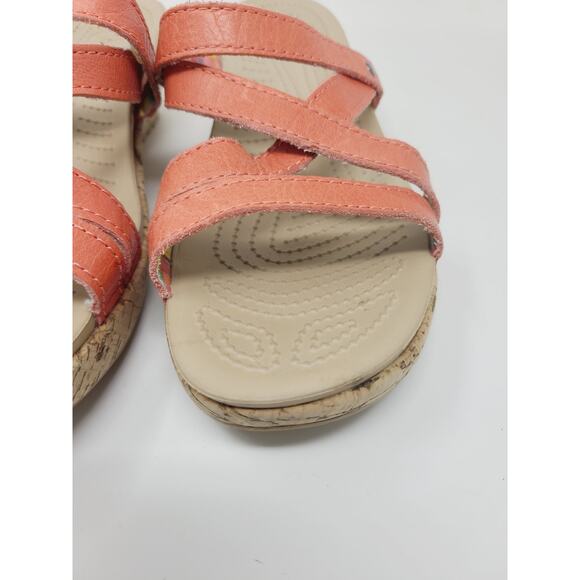 Crocs Womens A Leigh Wedge Sandals 8 Coral Pink Leather Strappy Cork Heels - Picture 5 of 11